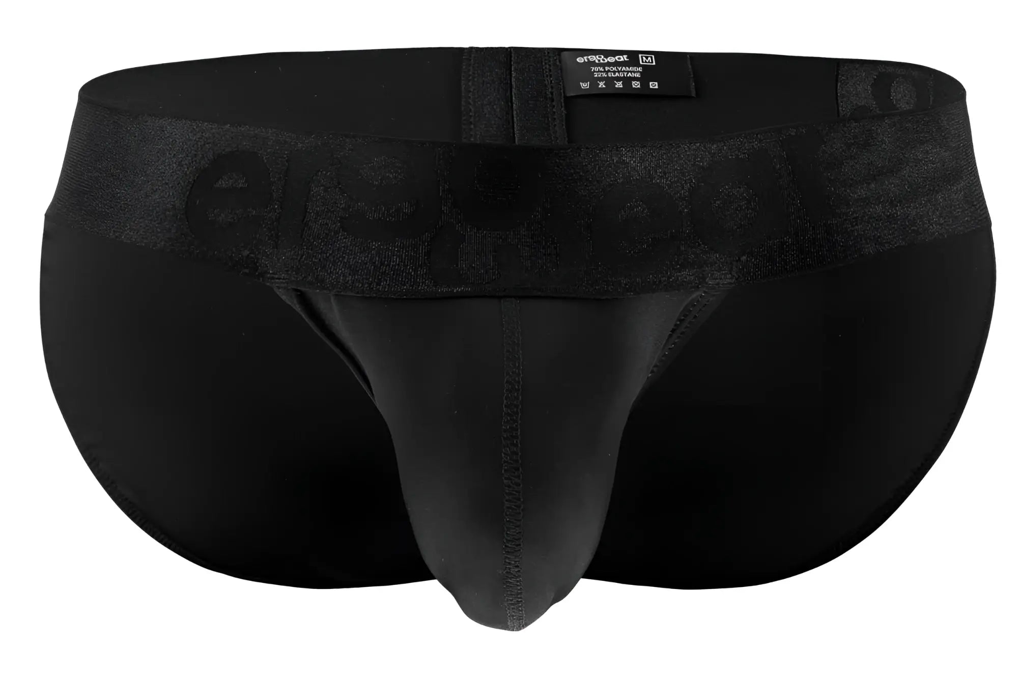 Black men’s briefs ergo wear ew1747 max bold bikini in black with textured waistband embossed with ersmood brand name