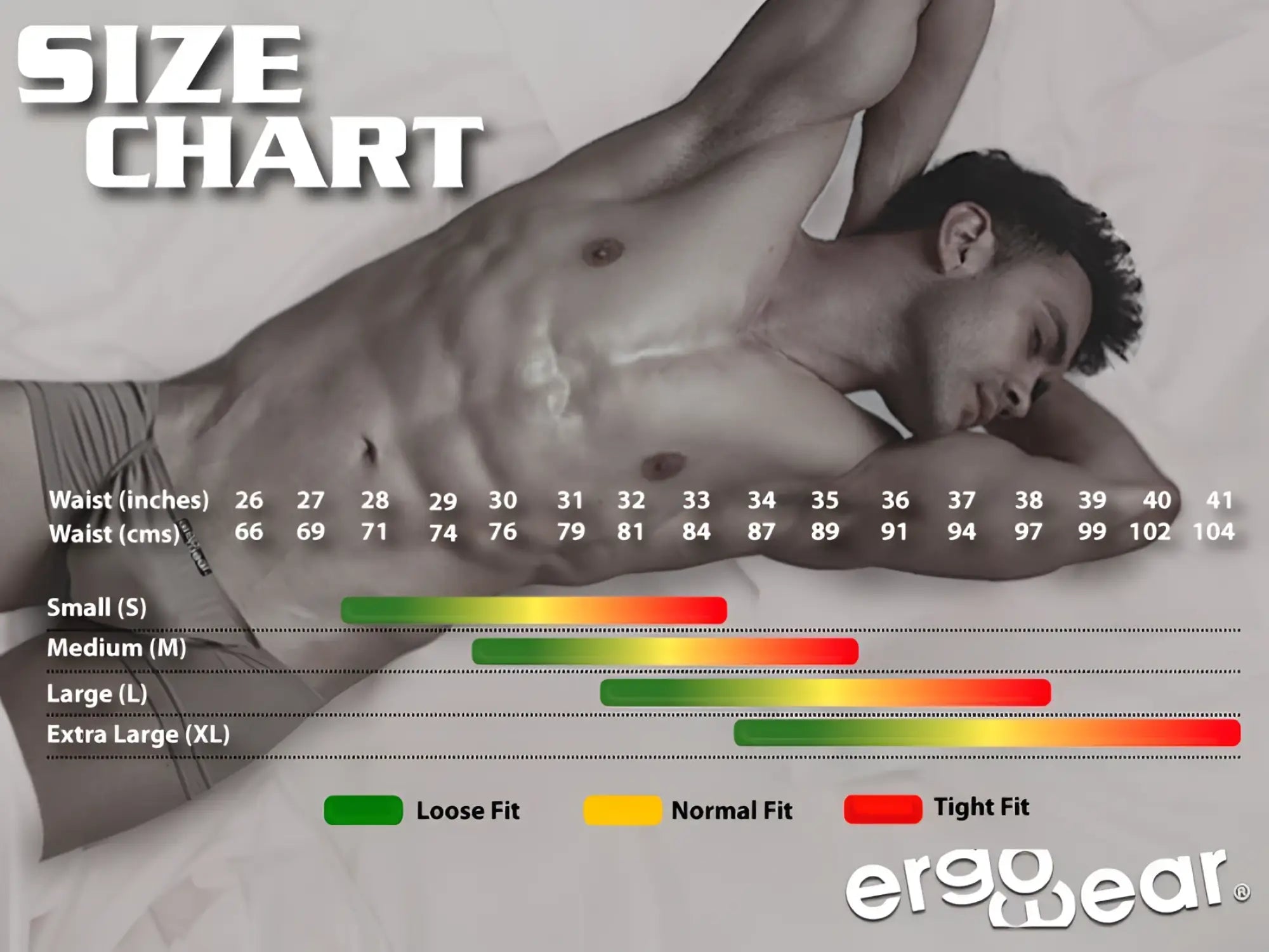 Size chart for ergowear ew1749 max bold black boxer briefs showing measurements in inches and centimeters with fit colors