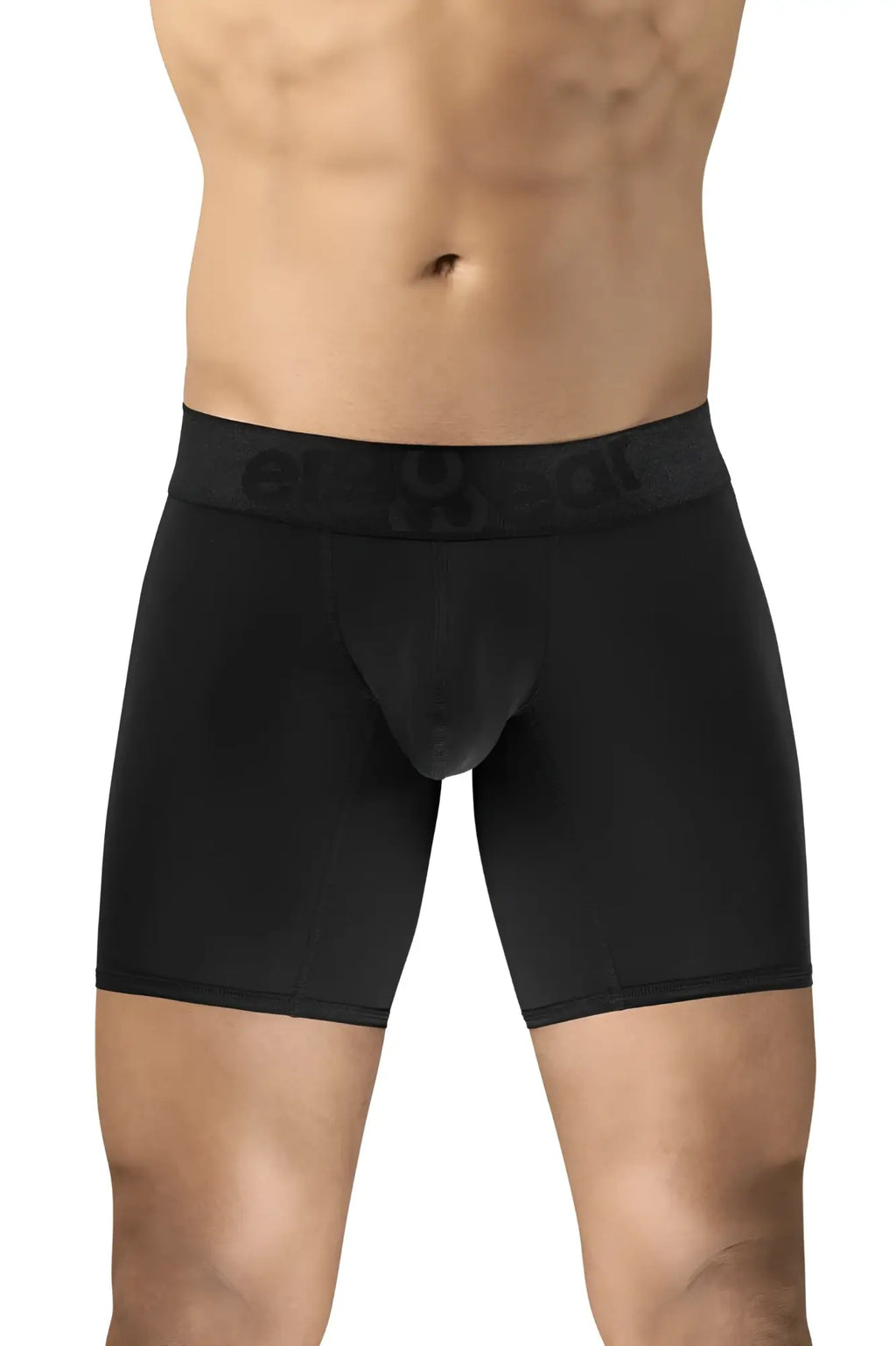 Black ergoWear ew1749 max bold boxer briefs with contoured pouch and elastic waistband featuring erotic brand name
