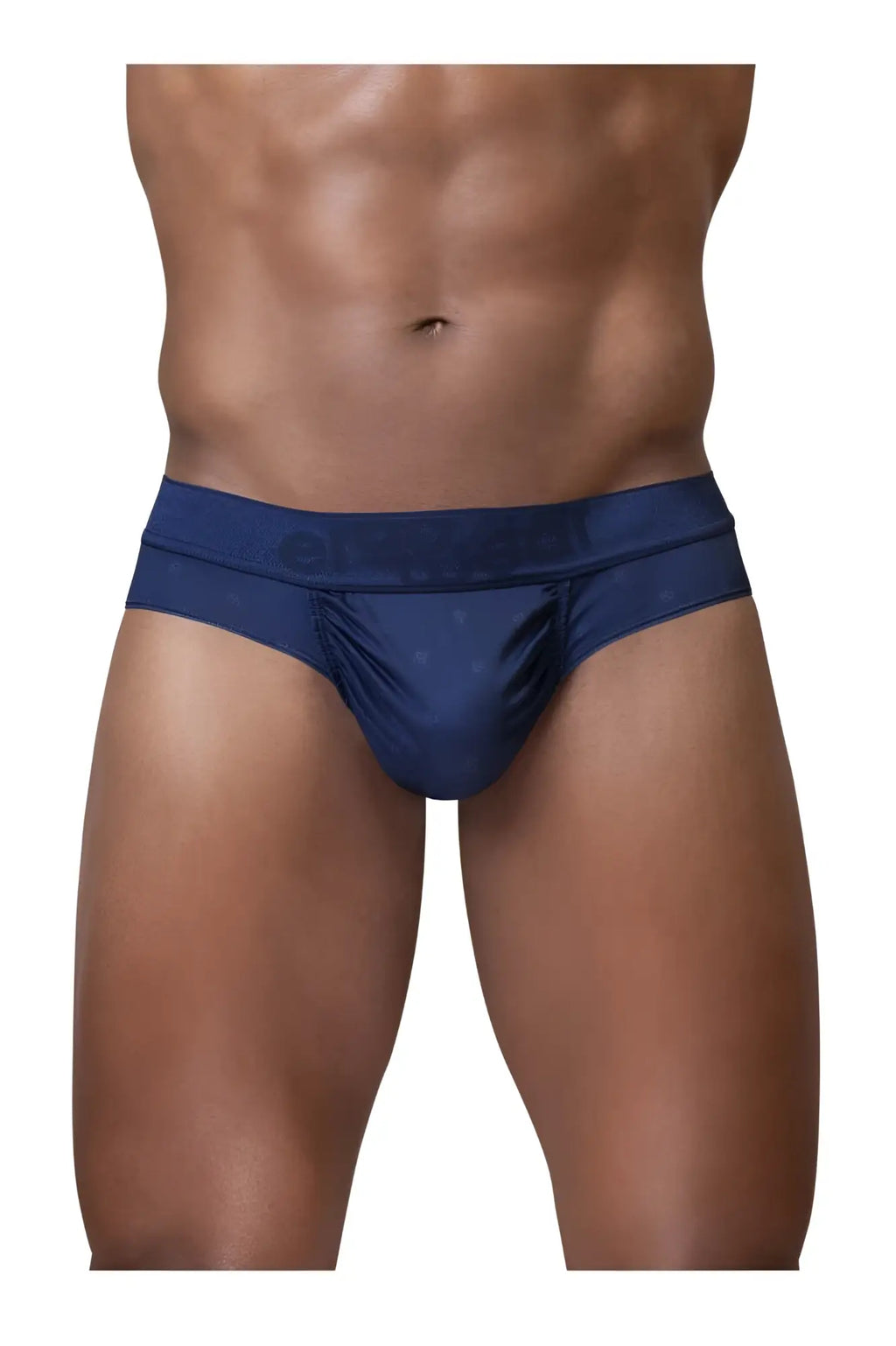 Navy blue satin briefs with subtle textured pattern and ergowear embroidered waistband in ew1750 feel se thongs