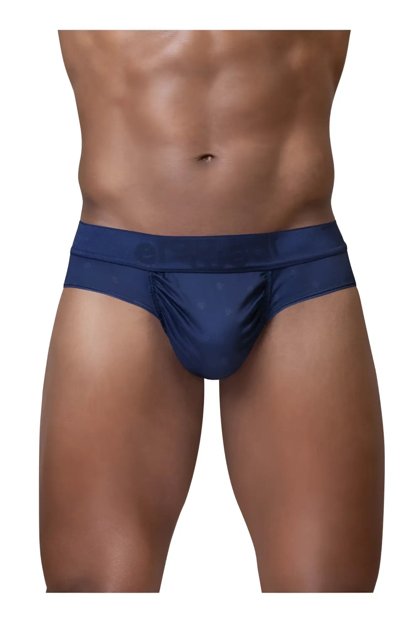 Dark blue satin-like briefs with subtle pattern and cinnamon brand name on waistband ergo wear ew1751 feel se