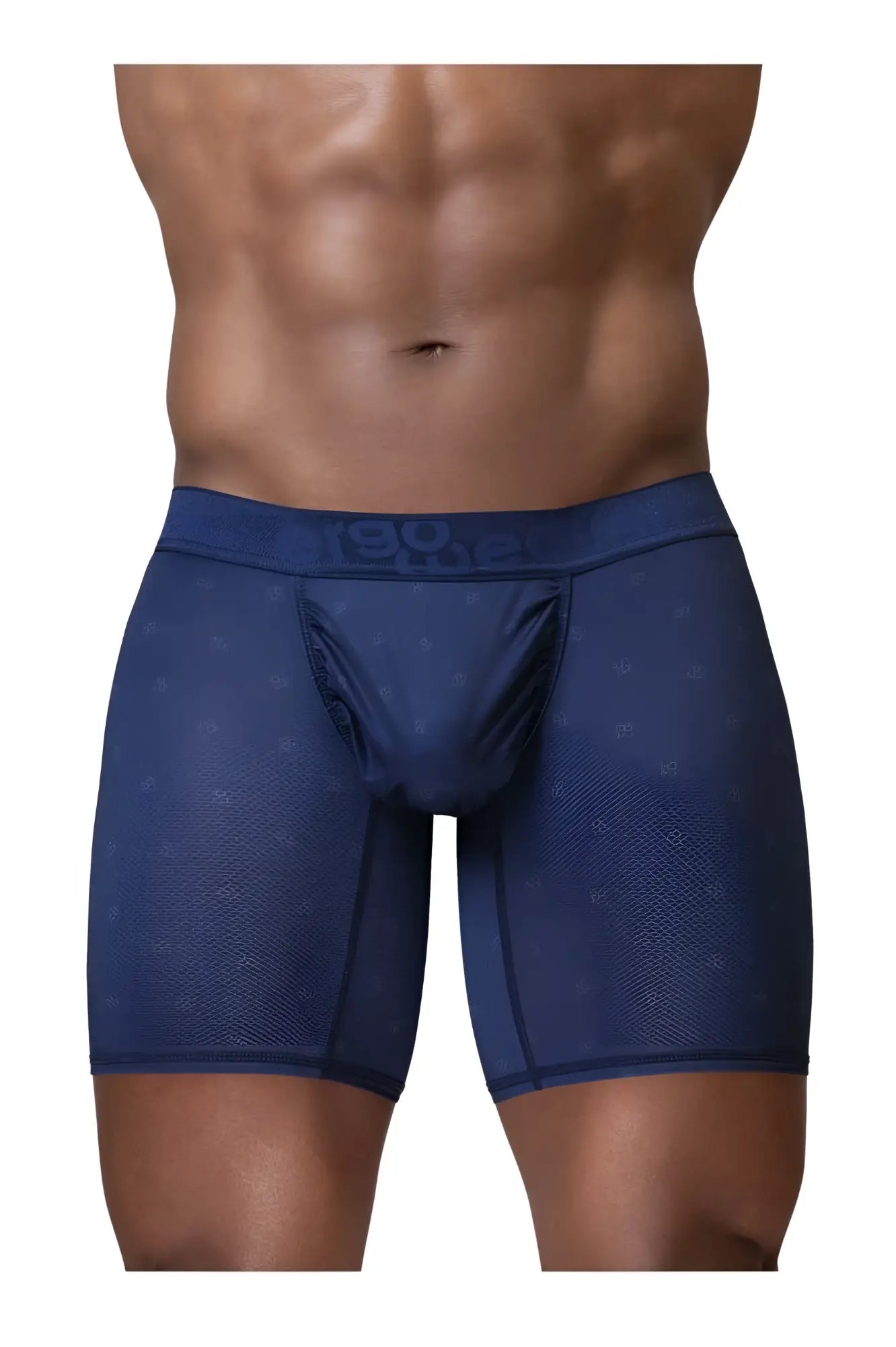 Dark blue ergoWear EW1753 feel SE men’s boxer briefs with subtle pattern and branded waistband in navy blue