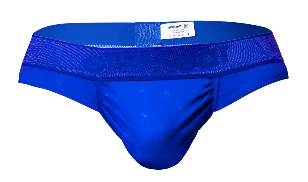 Bright royal blue men’s briefs with mesh waistband and subtle logo pattern from ergowear ew1754 feel se thongs