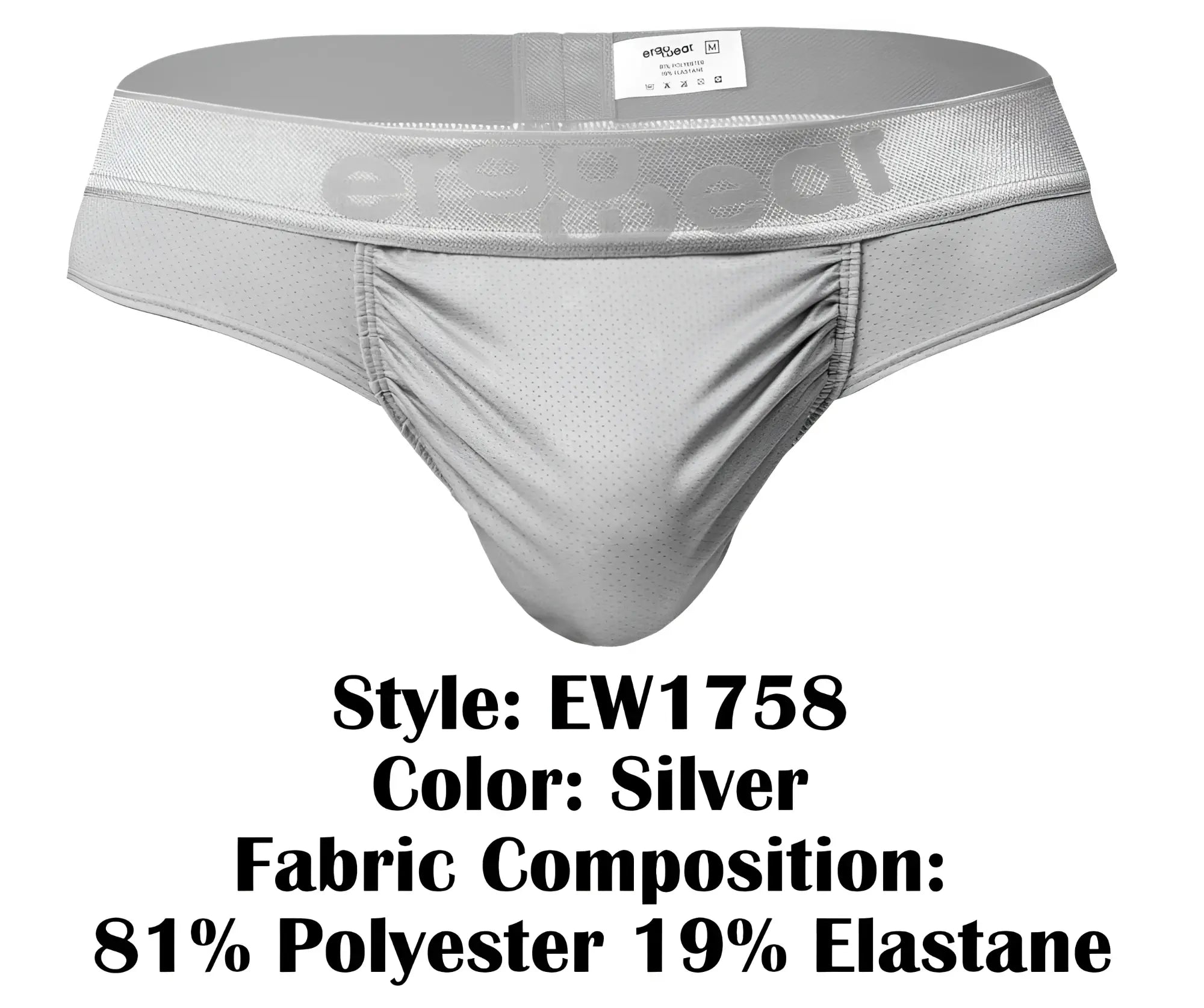 Silver mesh athletic briefs with ruched front panel and branded waistband by ergowear model ew1758 feel se thongs