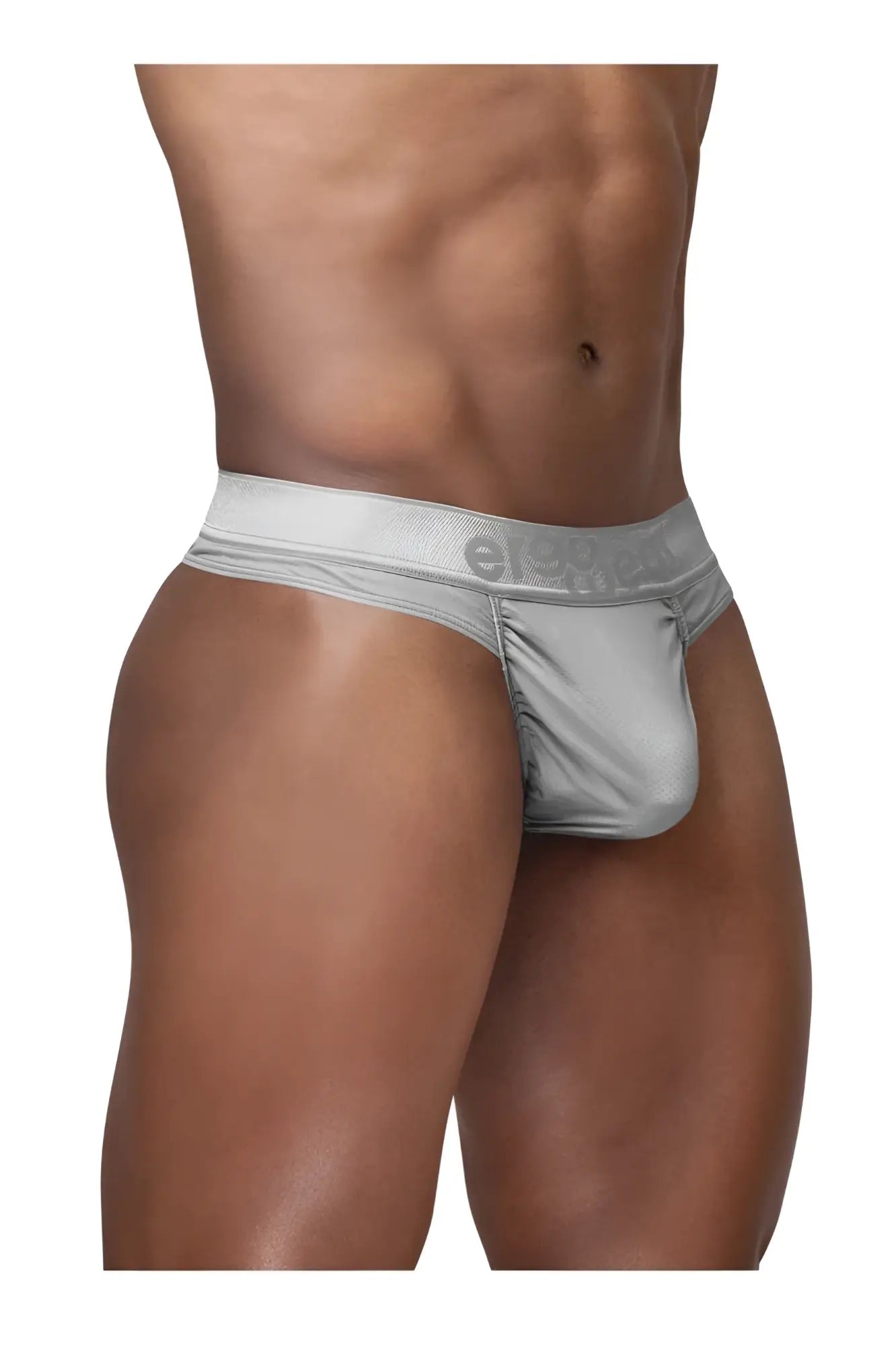 Silver metallic ergoWear ew1758 feel se briefs with textured waistband featuring e.guys logo front view