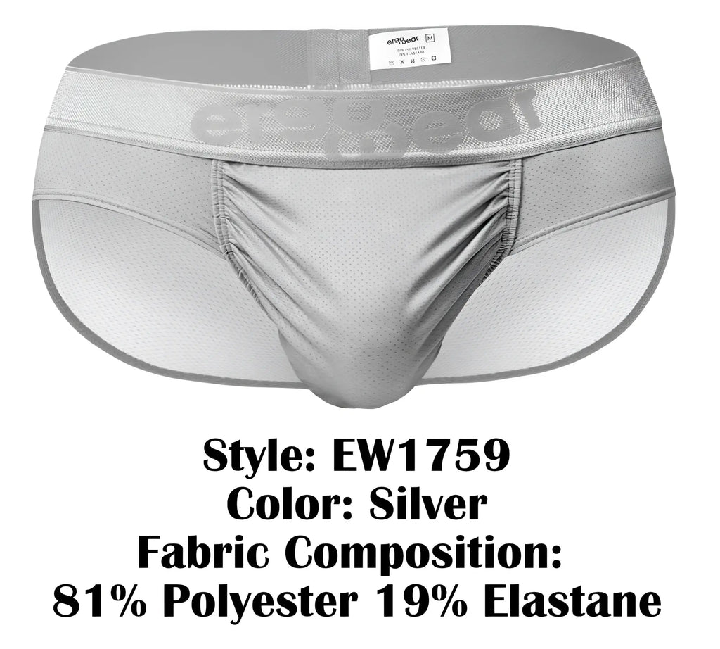 Silver ergoWear ew1759 feel SE athletic briefs with mesh fabric and elastic waistband featuring ergoeat logo