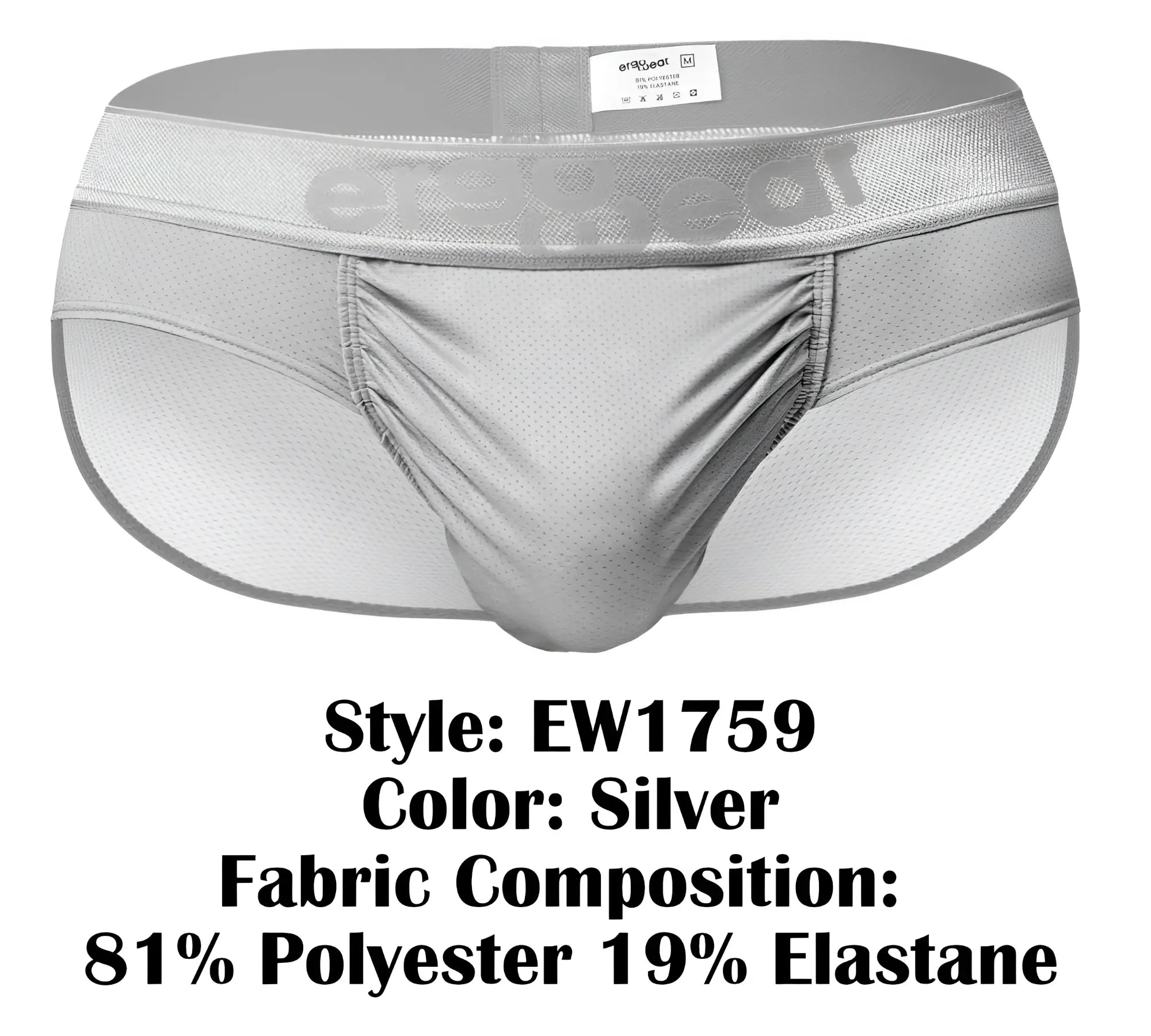 Silver ergoWear ew1759 feel SE athletic briefs with mesh fabric and elastic waistband featuring ergoeat logo
