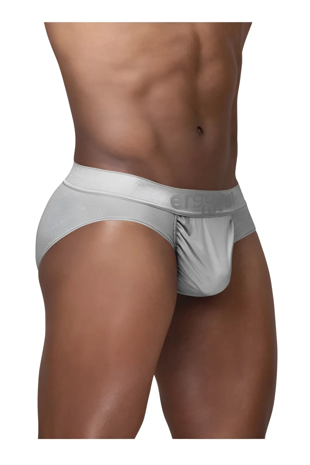 Silver men’s briefs by ErgoWear featuring a textured waistband and subtle branding for everyday comfort