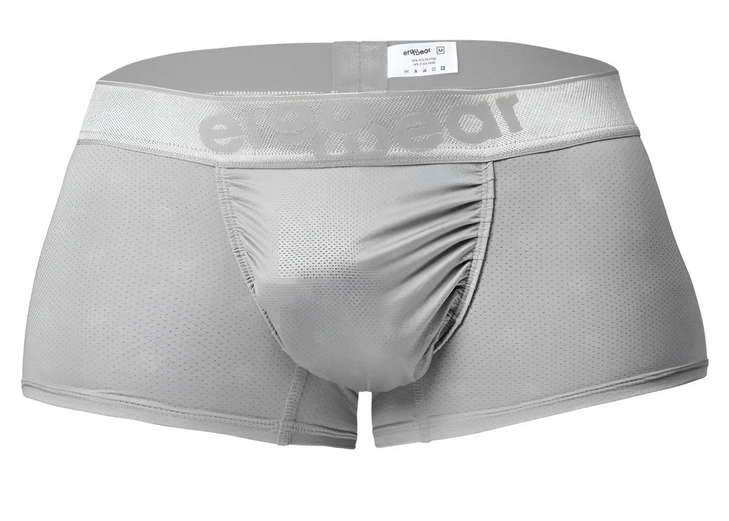 Gray mesh men’s underwear trunks in silver with subtle erectwear logo on waistband ergonomic design