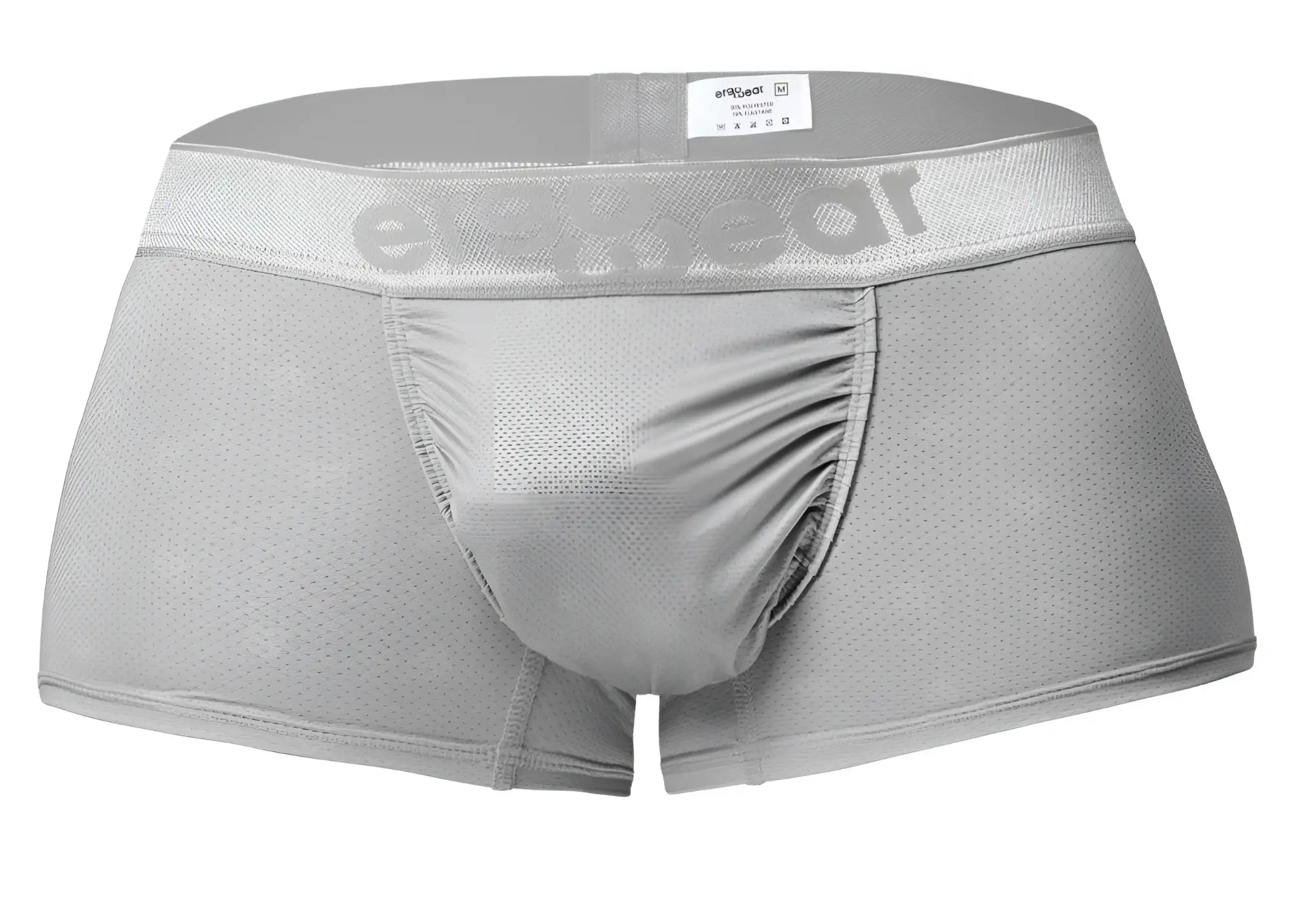 Gray mesh men’s underwear trunks in silver with subtle erectwear logo on waistband ergonomic design
