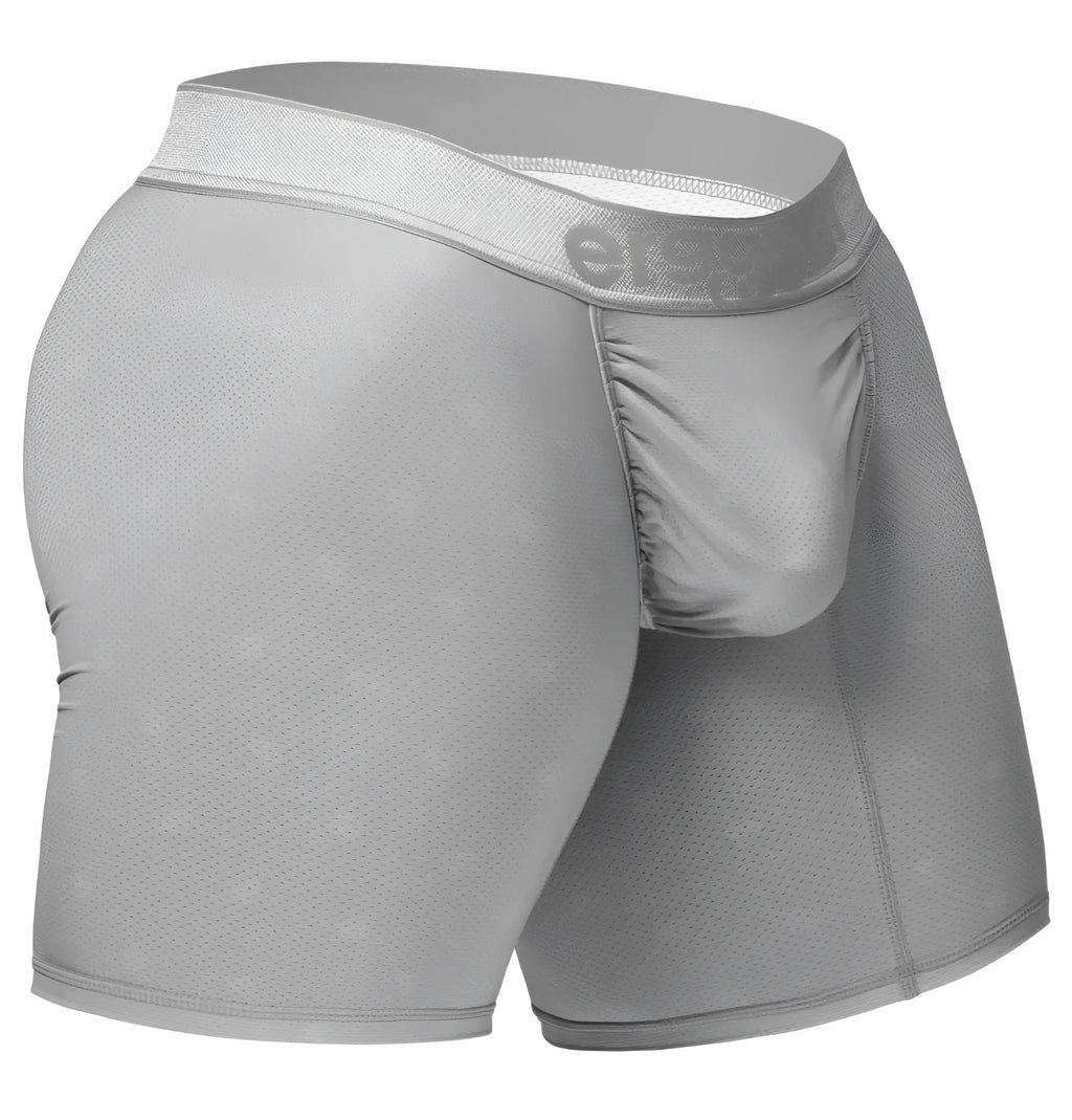 Gray men’s boxer briefs in silver textured mesh fabric with elastic waistband featuring elevate brand logo ergoWear ew1761 feel se