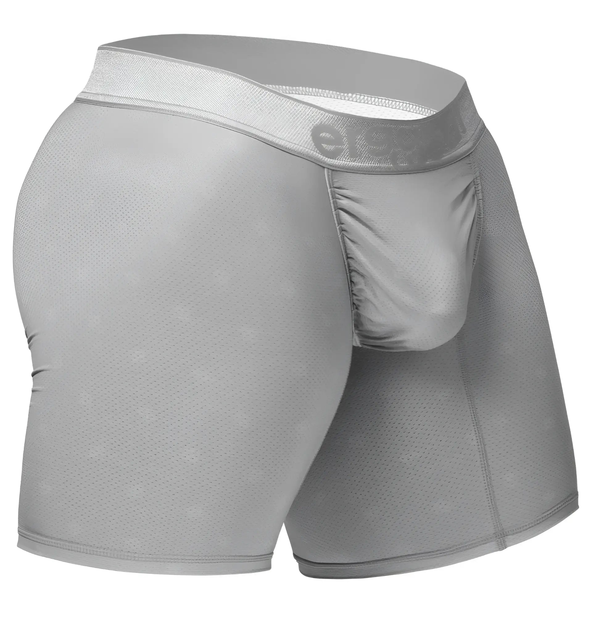 Gray men’s boxer briefs in silver textured mesh fabric with elastic waistband featuring elevate brand logo ergoWear ew1761 feel se