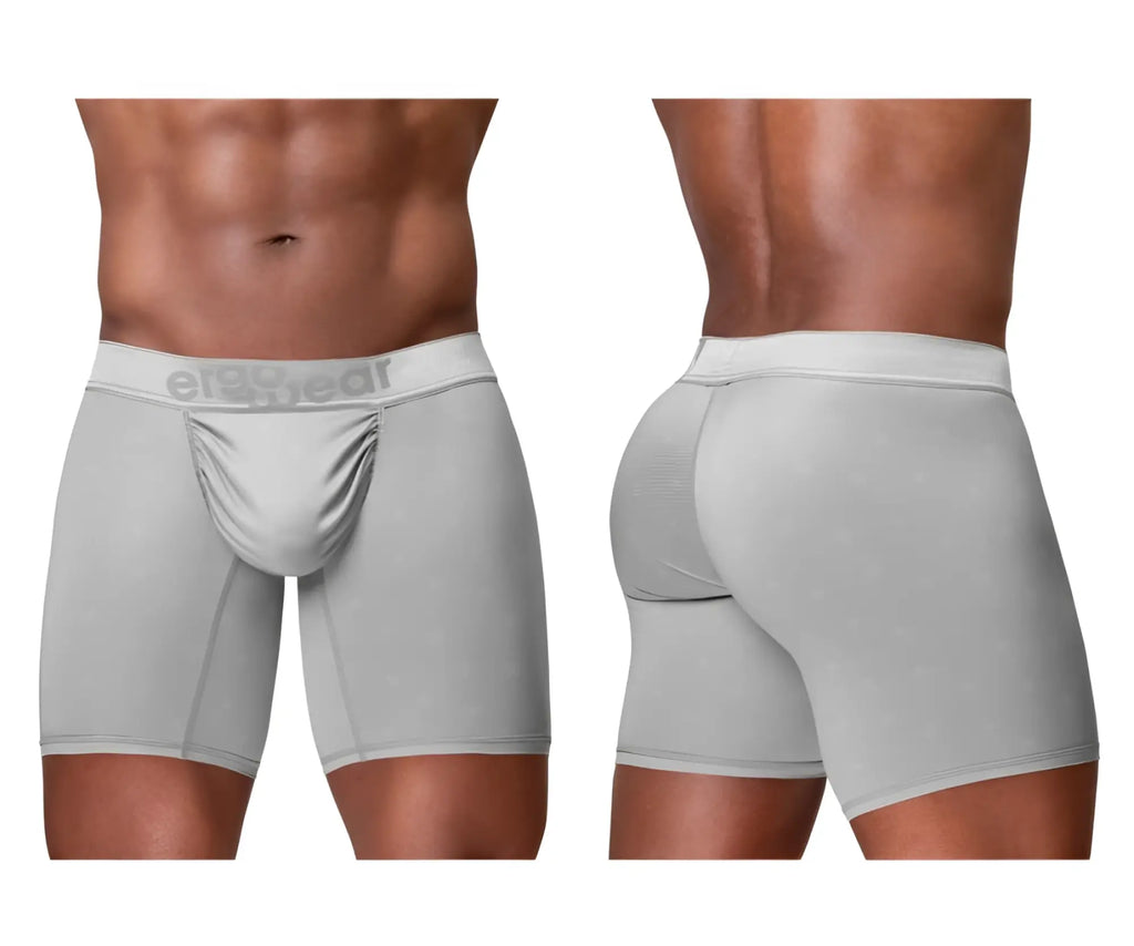 Light gray ergo wear ew1761 feel se boxer briefs with textured fabric and elegance logo on the waistband
