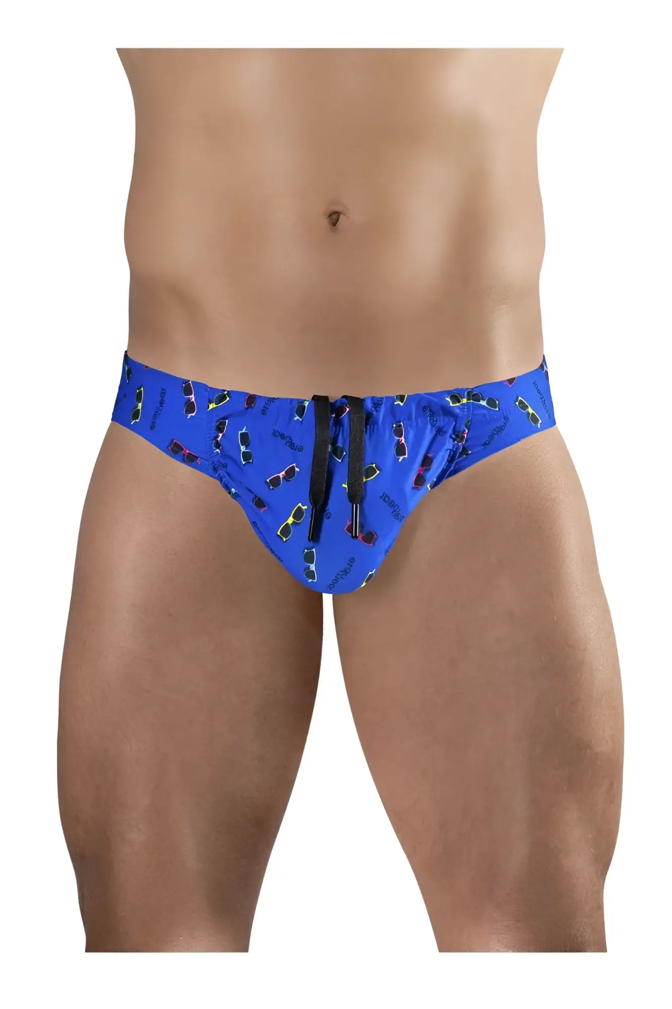 Blue ergo wear swim briefs with sunglasses pattern crooked print and black drawstrings for comfortable beachwear