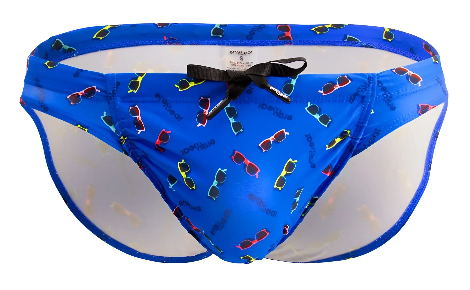Blue ergowear ew1764 feel sw swim briefs with colorful sunglasses pattern transparent side panels and black waistband bow