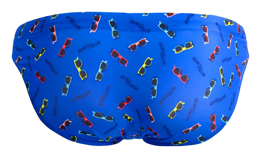 Blue ergowear ew1764 feel sw swim briefs with colorful sunglasses pattern and multisized text for beach use
