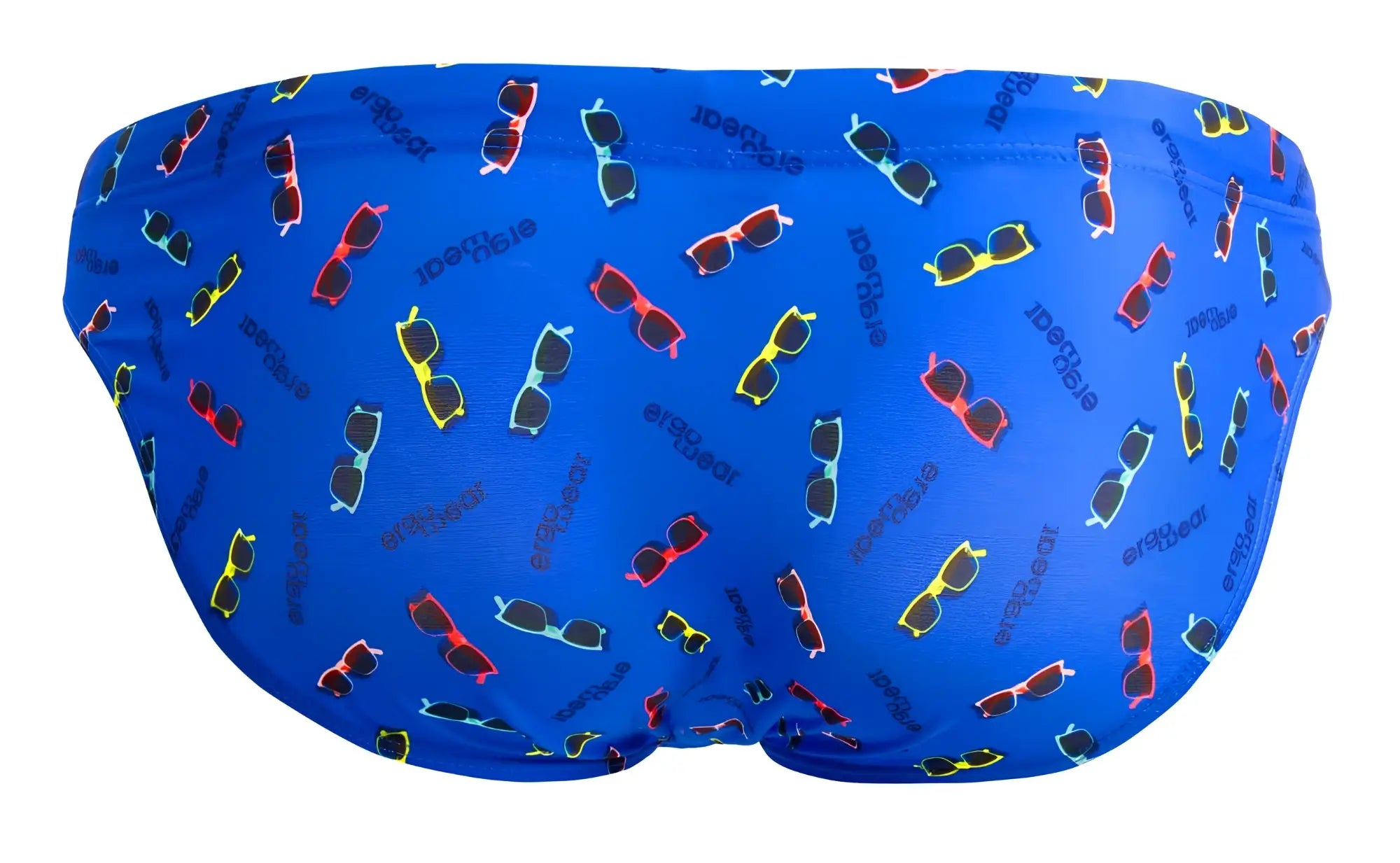 Blue ergowear ew1764 feel sw swim briefs with colorful sunglasses pattern and multisized text for beach use