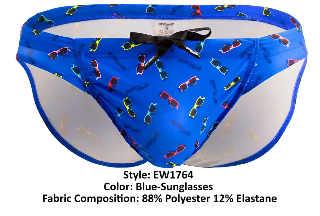 Ergo wear ew1764 feel sw blue swim briefs with colorful sunglasses pattern and black bow at waistband