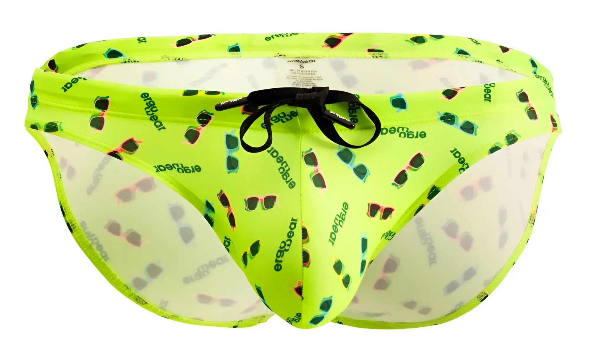 Bright neon green ergoWear ew1765 x4d swim briefs with colorful sunglasses pattern and ersgear branding