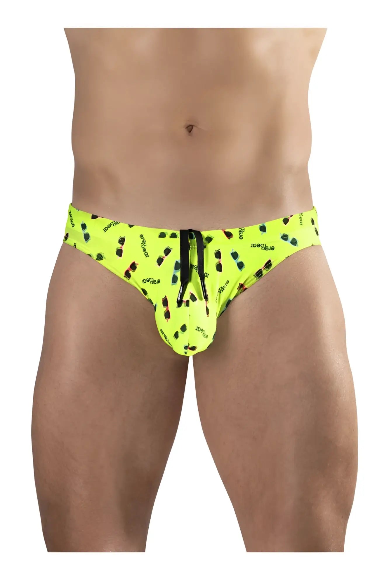 Bright yellow ergo wear ew1765 x4d sw swim briefs featuring neon green swim trunks with black and red sunglasses pattern