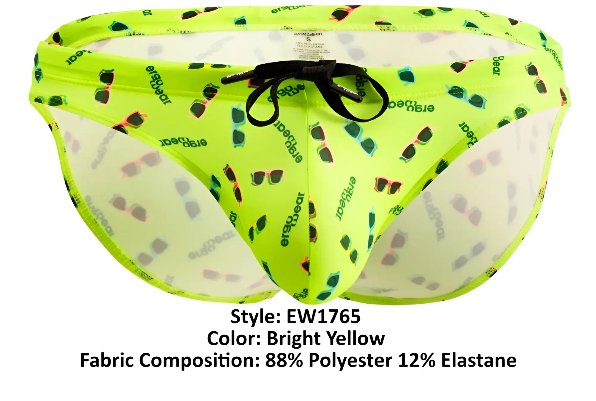 ErgoWear EW1765 X4D swim briefs in bright yellow featuring a playful sunglasses pattern and green black gray ear print