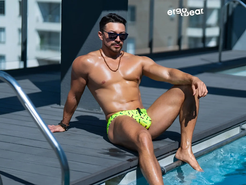 Ergowear ew1765 x4d neon green swim briefs with black splatter pattern designed for swimming and active use