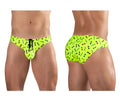 Vibrant neon green ergo wear ew1765 x4d swim briefs with colorful sunglasses pattern and carnival branding throughout fabric