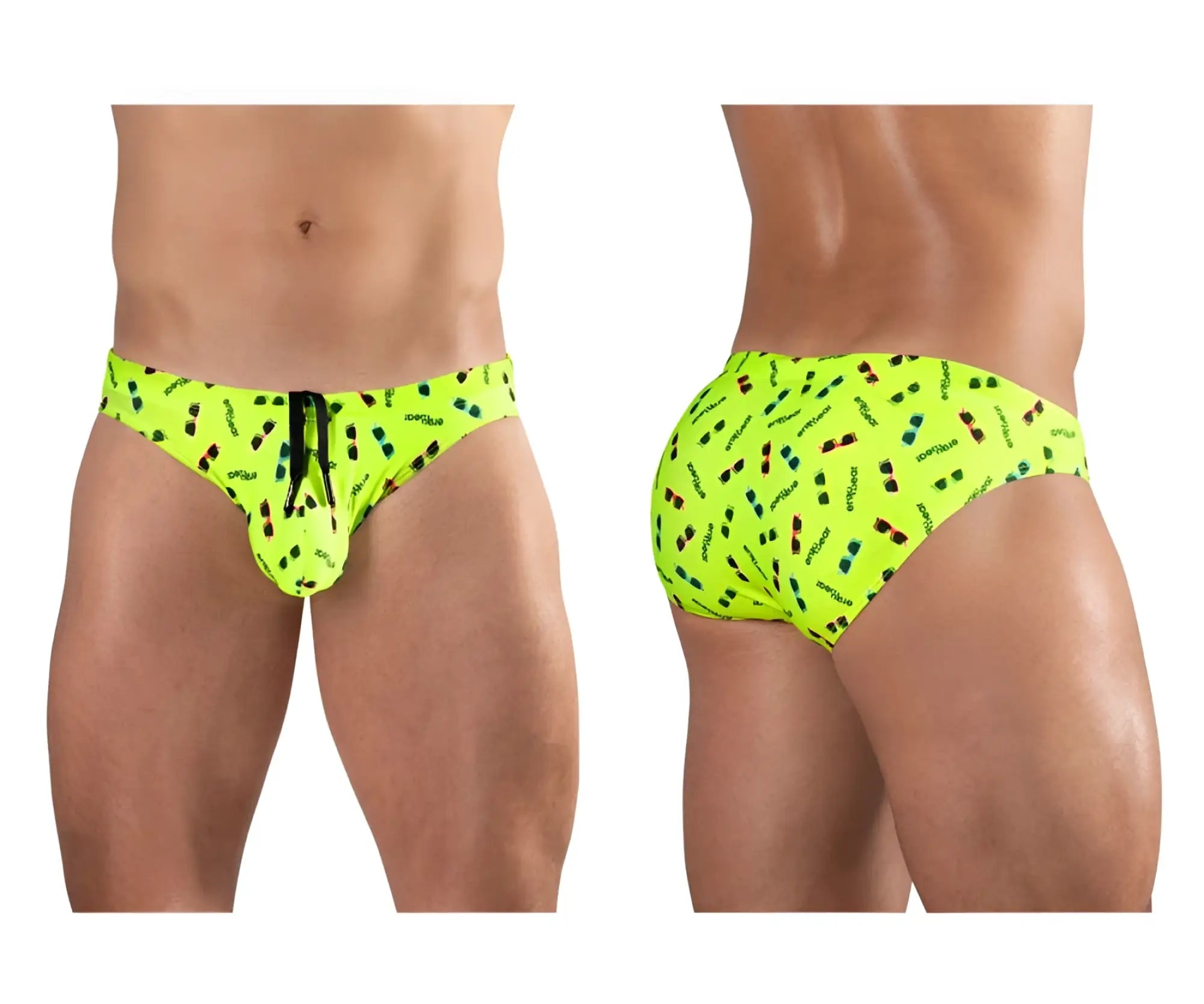 Vibrant neon green ergo wear ew1765 x4d swim briefs with colorful sunglasses pattern and carnival branding throughout fabric