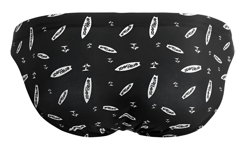 Black ergowear ew1766 x4d sw swim briefs with white eraygear logo and surfboard pattern for men