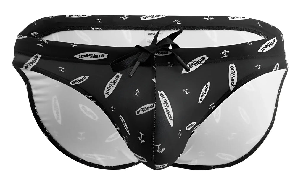Black and white patterned men’s swim trunks with a satin bow tie front from ErgoWear EW1766 X4D SW briefs
