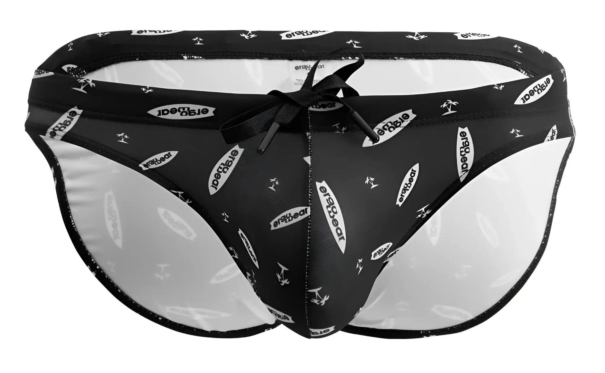 Black and white patterned men’s swim trunks with a satin bow tie front from ErgoWear EW1766 X4D SW briefs