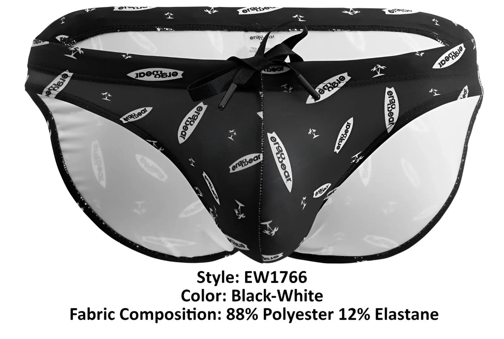 Ergowear ew1766 x4d black and white surfboard-patterned swim briefs with drawstring waistband for swimming