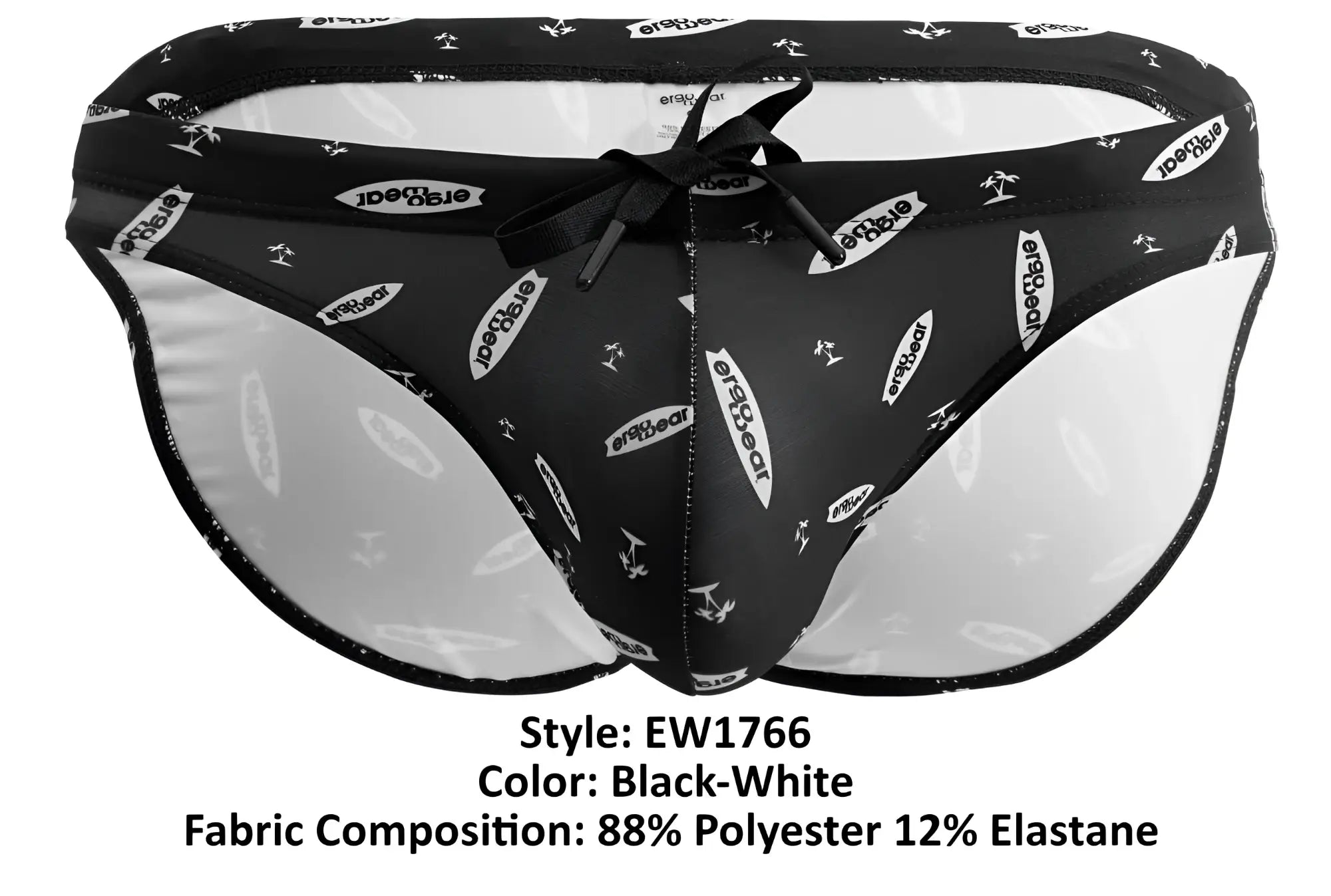 Ergowear ew1766 x4d black and white surfboard-patterned swim briefs with drawstring waistband for swimming