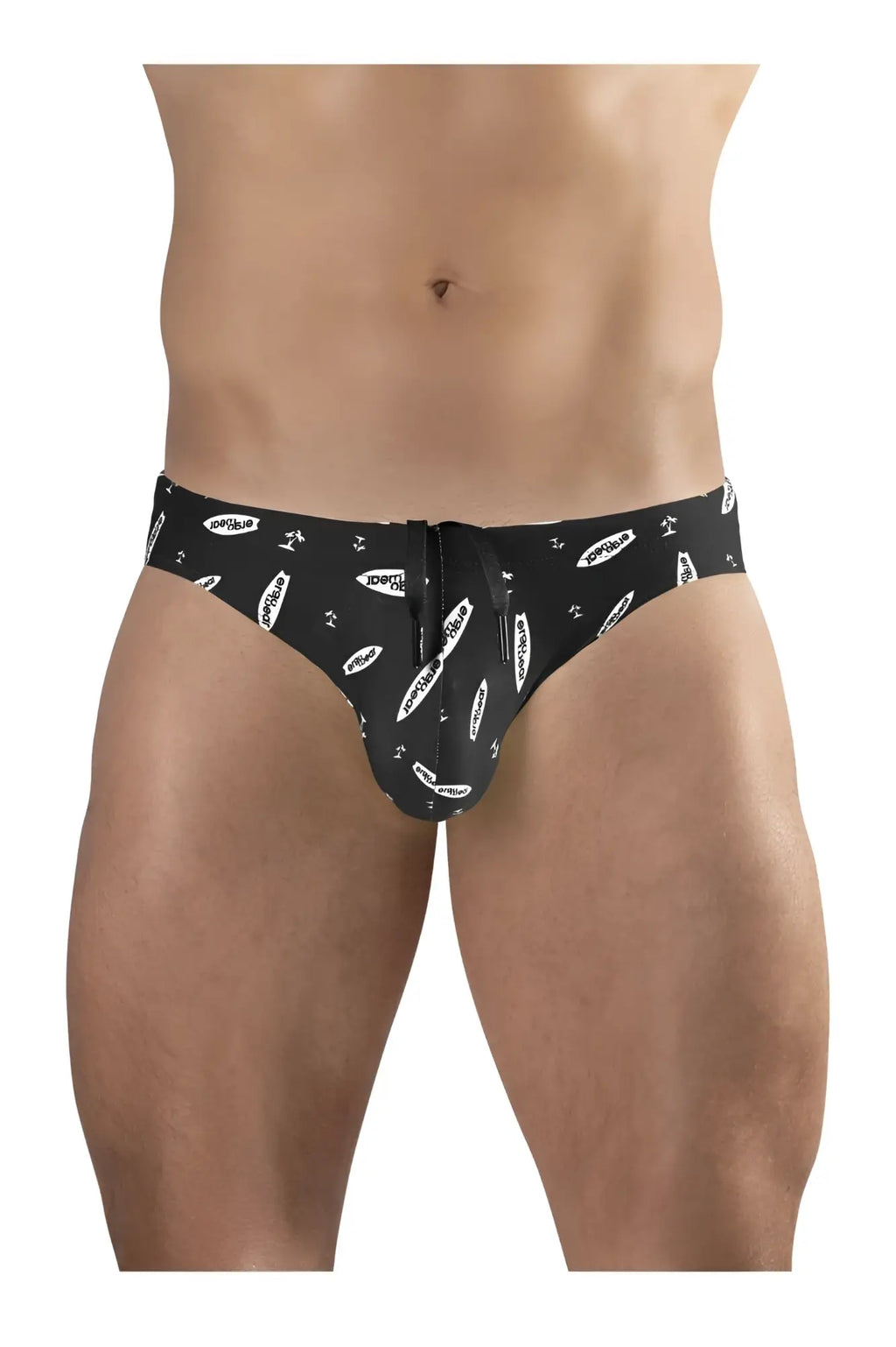 Ergowear ew1766 x4d sw black swim briefs with white surfboard and surf logo pattern and front zipper closure