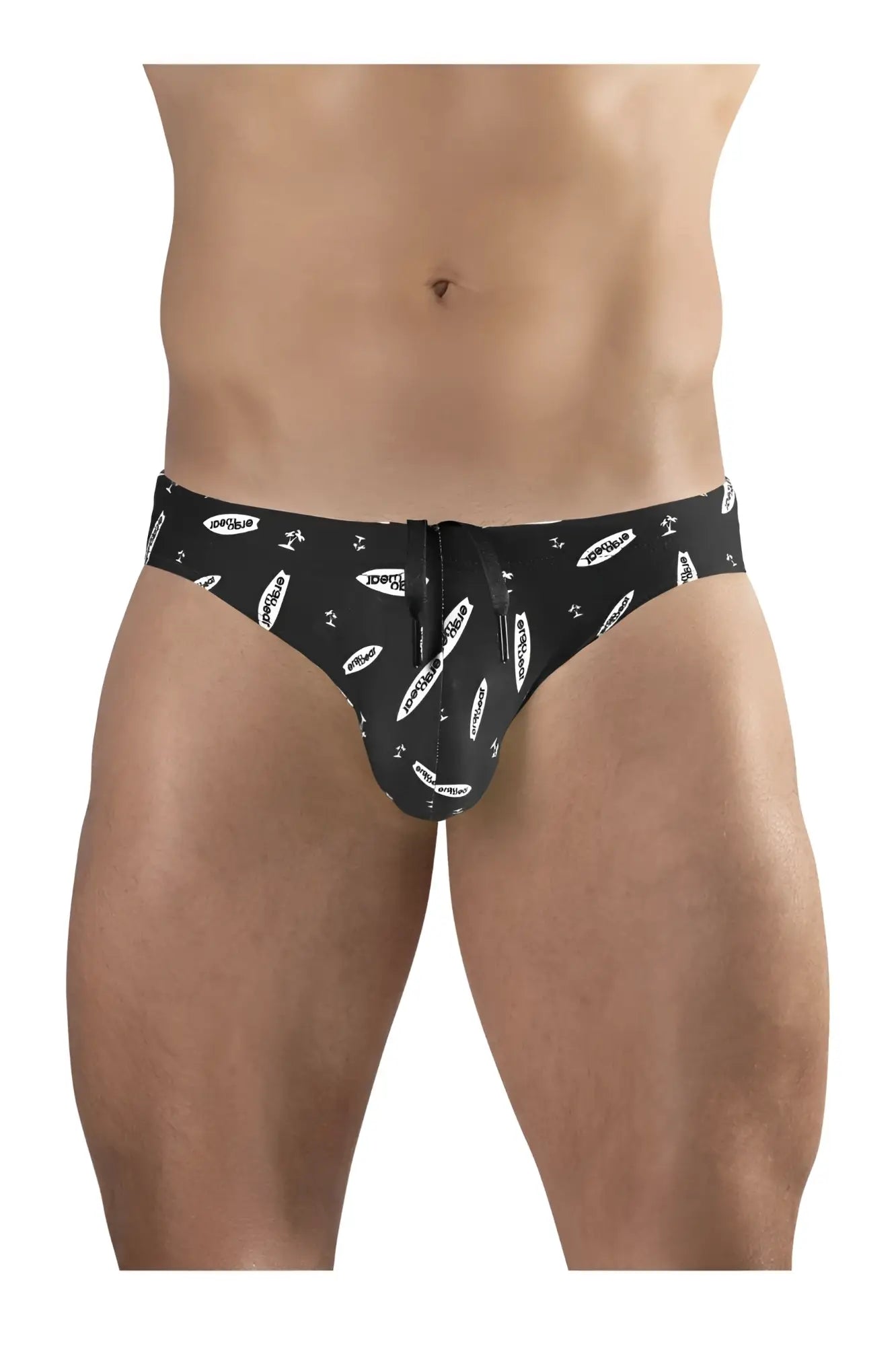 Ergowear ew1766 x4d sw black swim briefs with white surfboard and surf logo pattern and front zipper closure
