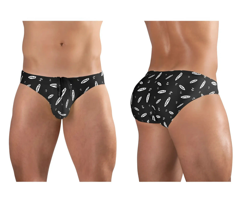 Black-white ErgoWear EW1766 X4D SW swim briefs with white surfboard and anchor pattern for swimming and beach use