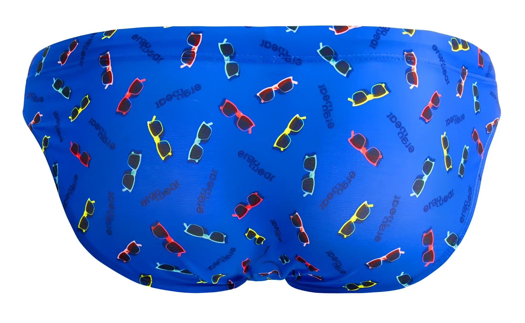 Bright blue ErgoWear EW1767 X4D SW swim briefs with colorful sunglasses pattern and earl brand name