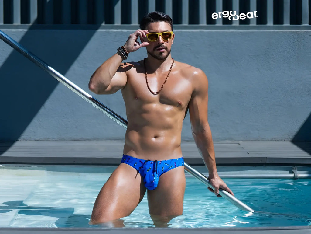 Blue patterned swim briefs by ergowear ew1767 x4d designed for comfortable swimwear use in blue sunglasses color