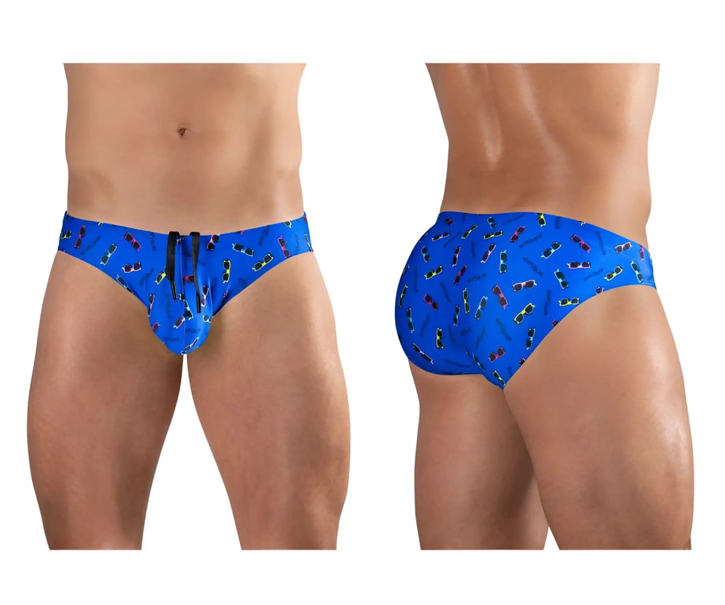 Blue ergoWear ew1767 x4d swim briefs with colorful sunglasses pattern designed for comfortable swimwear use