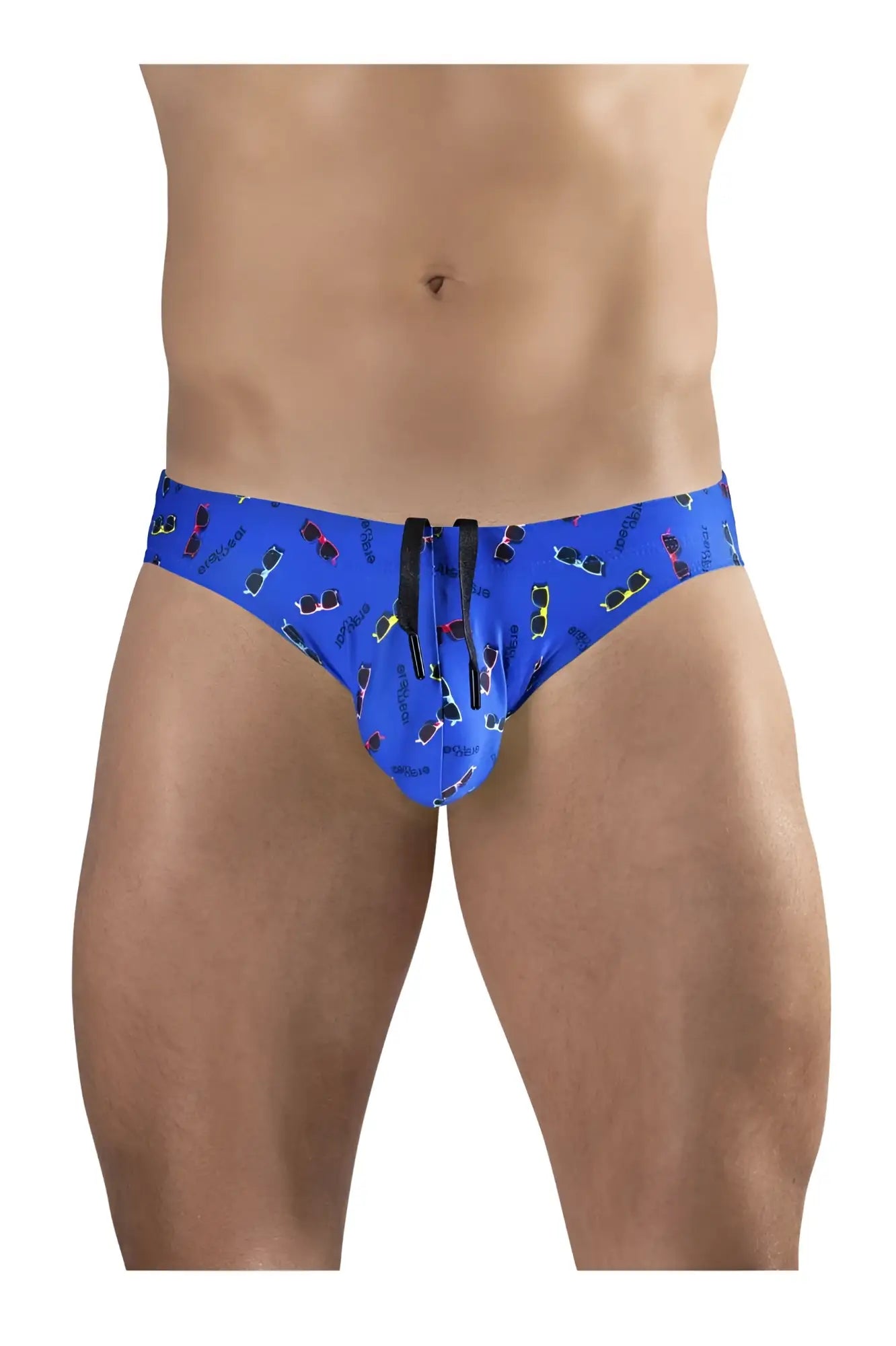 Blue ergowear ew1767 x4d swim briefs with colorful sunglasses pattern and black drawstring closure