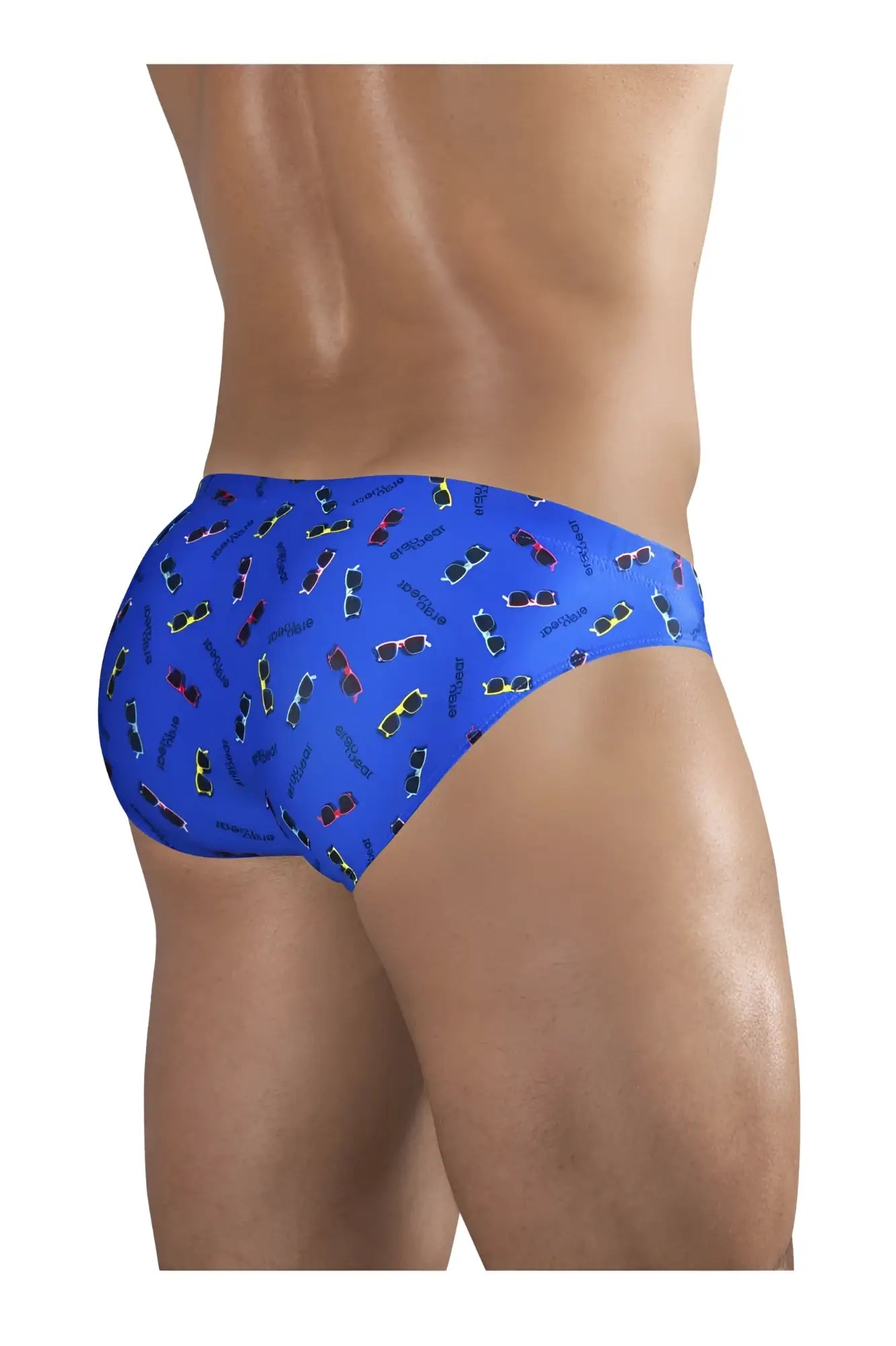 Blue ergowear ew1767 x4d swim briefs with playful colorful sunglasses pattern for beach and pool use