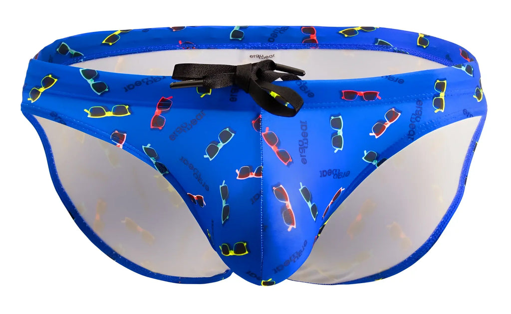 Blue swim trunks by ergowear with colorful sunglasses pattern black drawstring transparent side panels