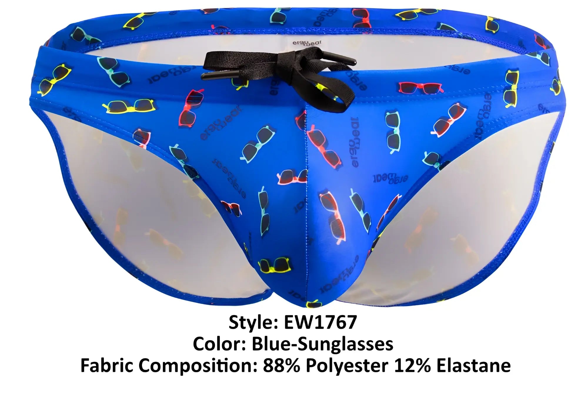 ErgoWear EW1767 X4D SW blue swim briefs with colorful sunglasses pattern made of 88% polyester and 12% elastane