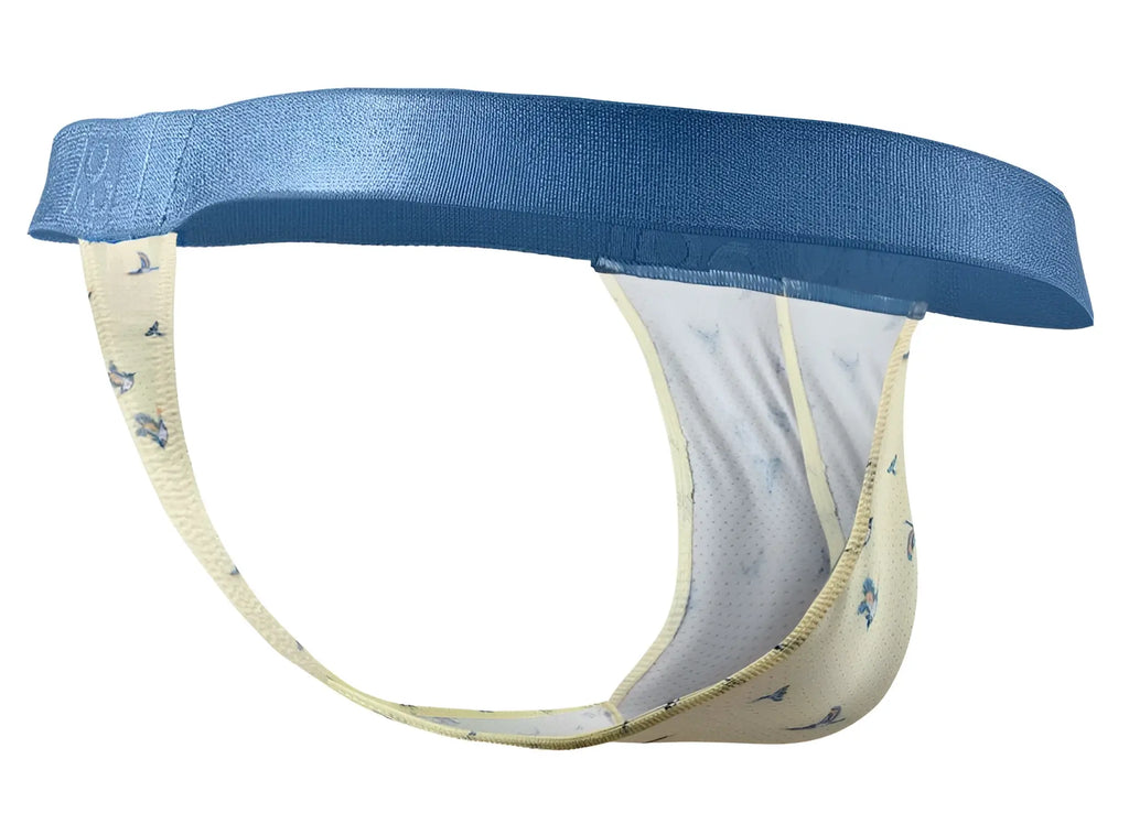 ErgoWear ew1768 slk SE g-string men’s briefs in blue and cream with subtle bird pattern and vanilla color accents