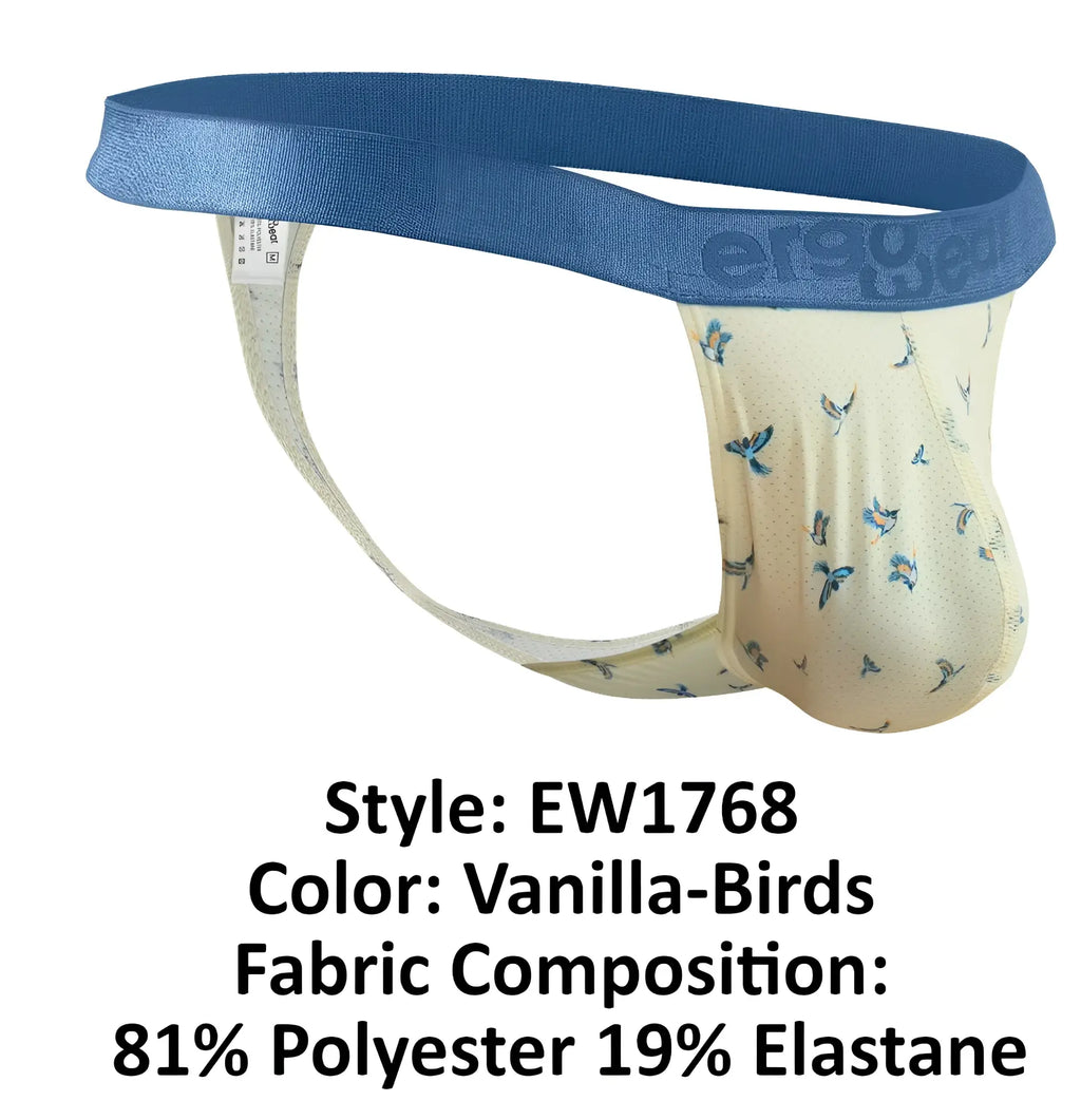 Vanilla-colored ErgoWear EW1768 SLK SE G-string with bird pattern and blue waistband made of 81% polyester 19% elastane