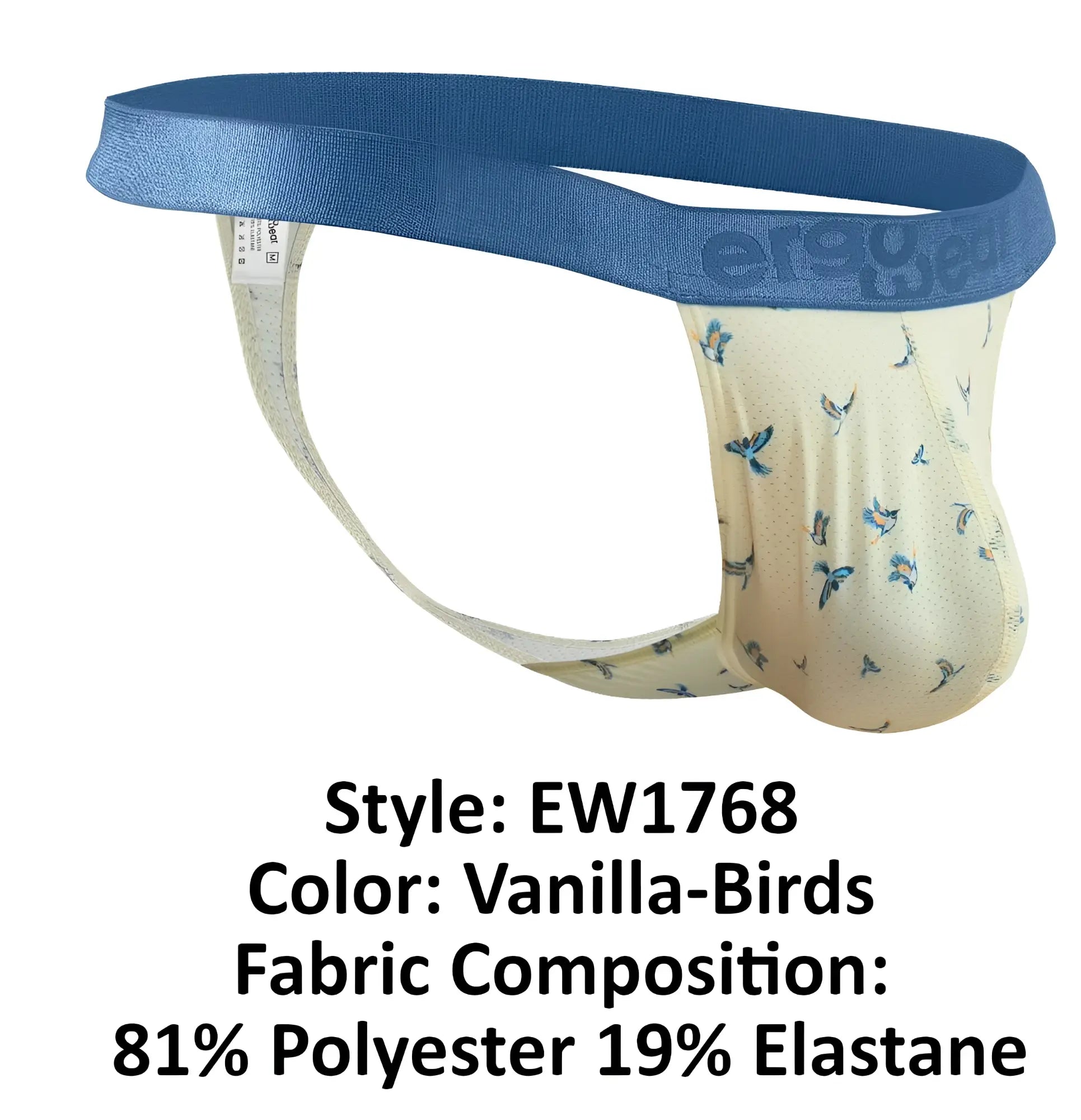 Vanilla-colored ErgoWear EW1768 SLK SE G-string with bird pattern and blue waistband made of 81% polyester 19% elastane