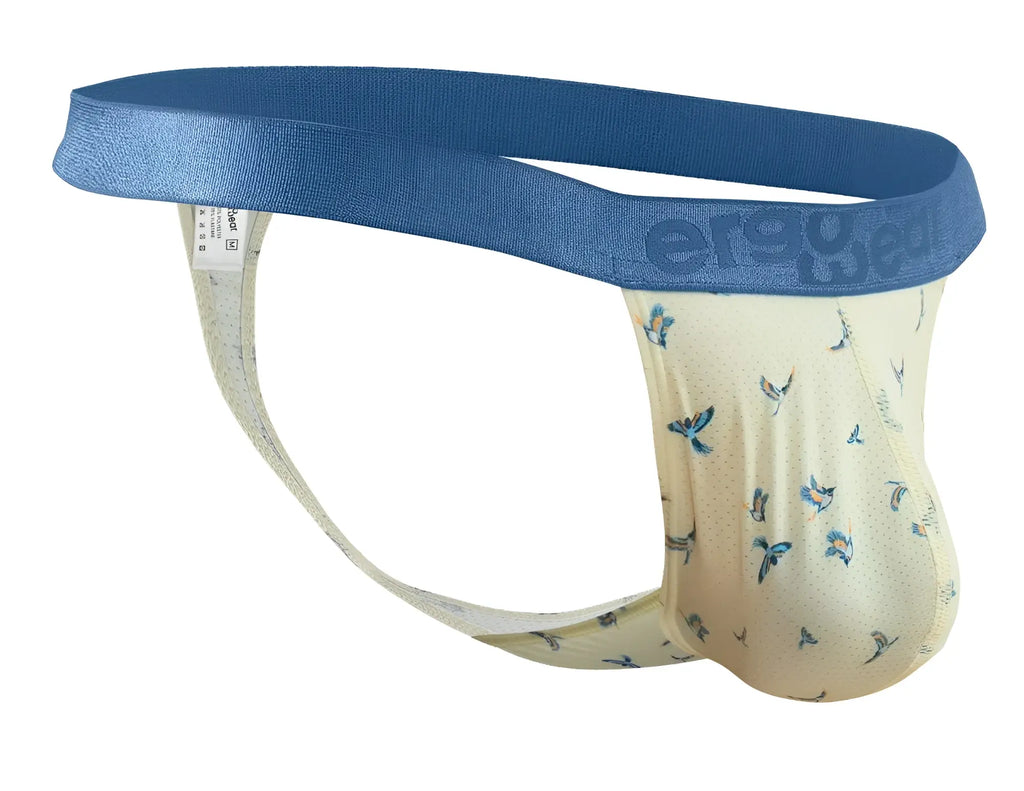 Cream-colored ergo men’s briefs with blue butterfly pattern and solid blue waistband in g-string style