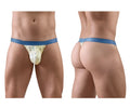 Men’s yellow thong with blue elastic waistband and small bird pattern by Ergowear model EW1768 SLK SE G-string vanilla birds