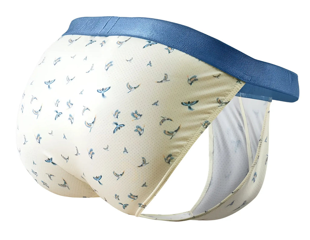 Beige bikini briefs ergo wear ew1769 slk se with a blue bird pattern and navy solid waistband color vanilla-birds