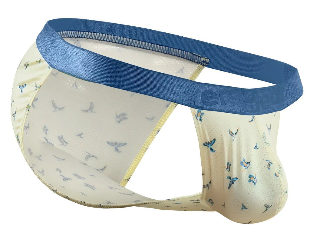 Cream-colored men’s briefs with blue bird pattern and navy elastic waistband embossed with eroge brand name